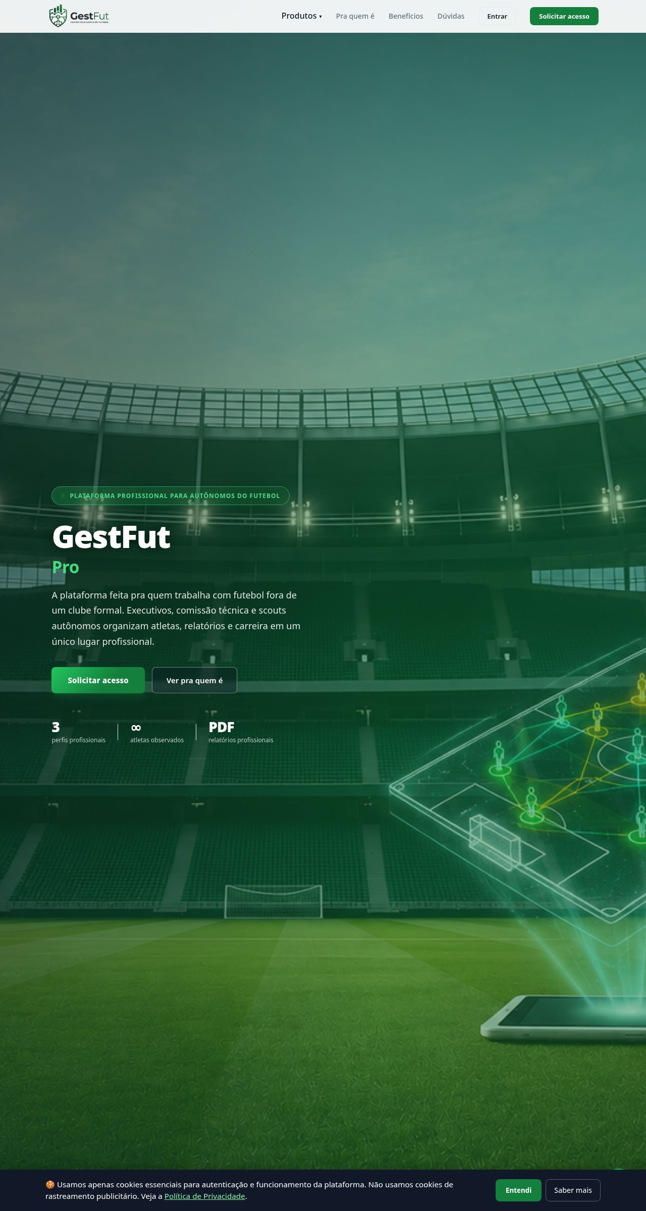 Landing GestFut Pro — para executivos, comissão técnica e scouts