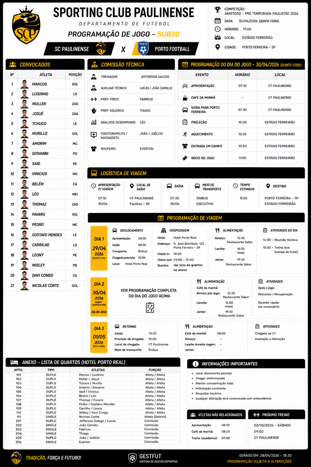 Programação de jogo do Sporting Club Paulinense com logística